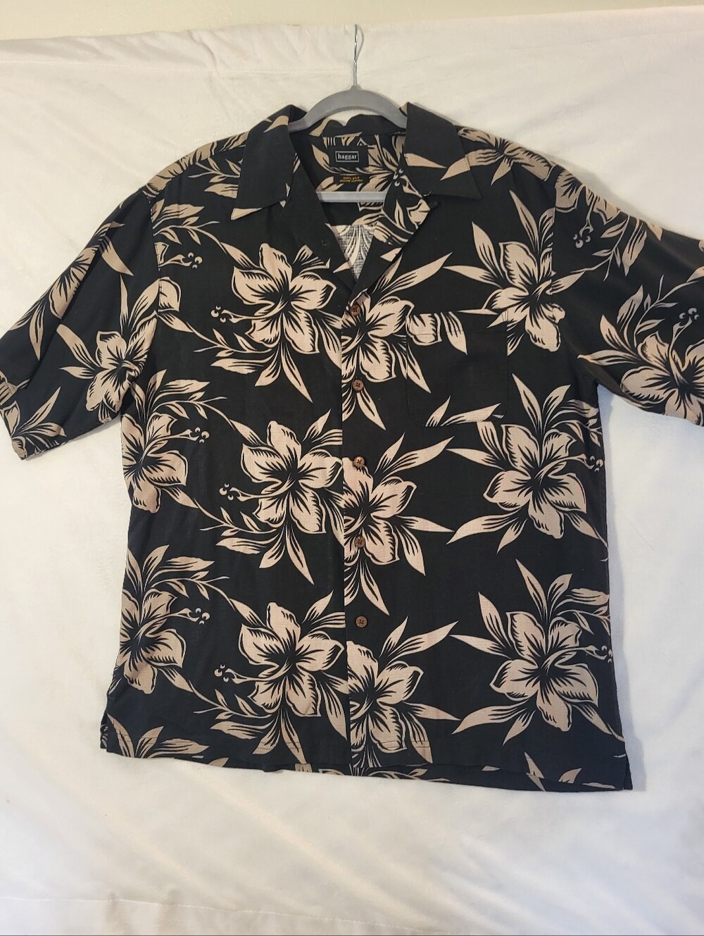 Haggar 100 % Washable Silk Havana Style Black & Taupe Floral Shirt Sz. L